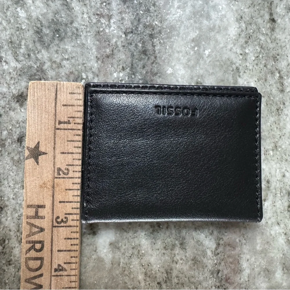 Fossil Leather Cardholder Wallet w/ ID Window- Slim Minimalist Bifold Black